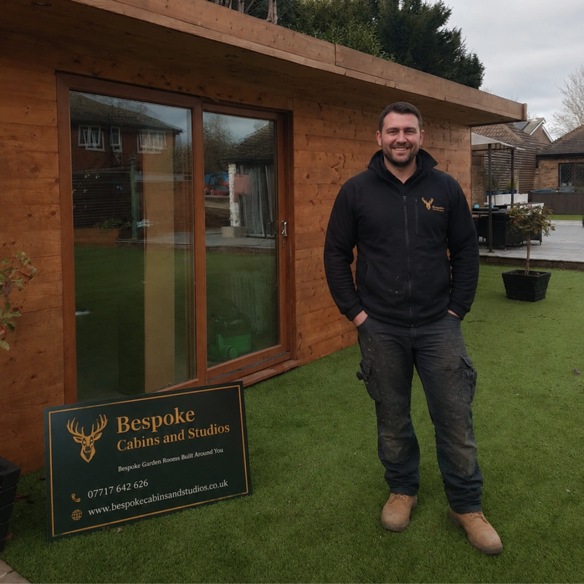 James Levy standing beside a completed Bespoke Cabins & Studios garden room